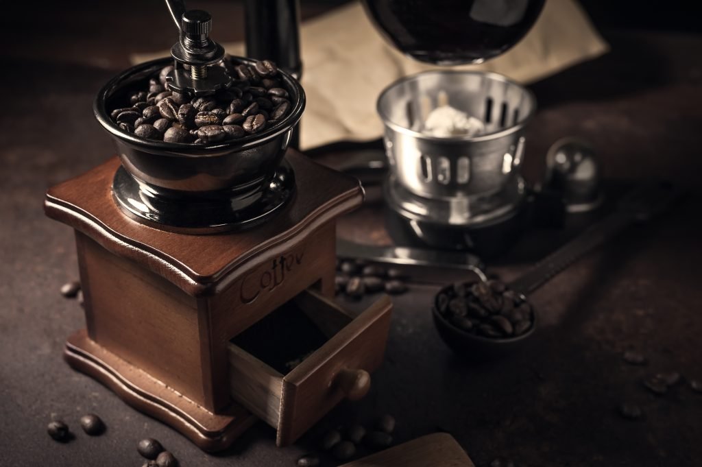 japanese siphon coffee maker coffee grinder old kitchen table