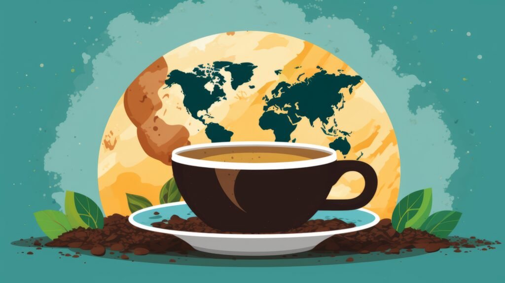coffee cup with world map coffee beans blue background vector illustration