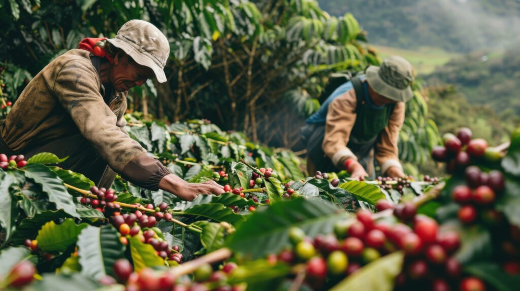coffee farmers carefully handpicking ripe coffee cherries lush mountainous plantation