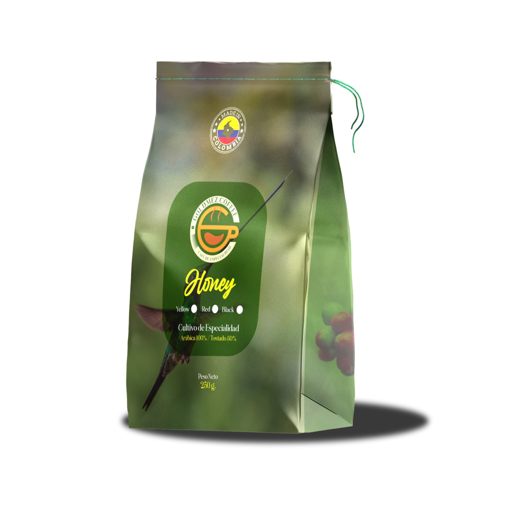 "Empaque de café honey de 250 gramos de Goldmez, mostrando su diseño elegante y detalles del producto."