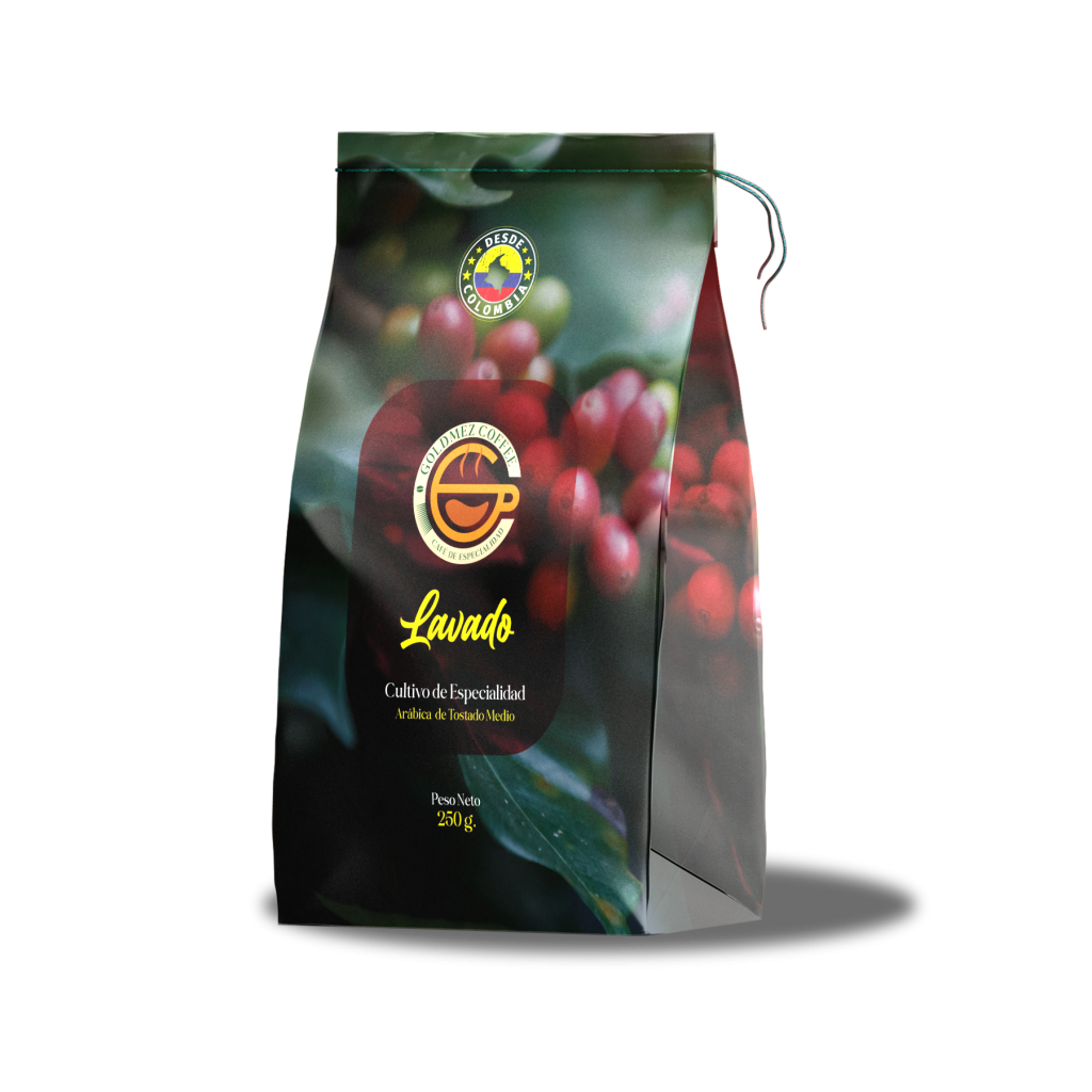 Empaque de café lavado de 250 gramos de Goldmez, destacando el diseño refinado y los detalles del producto.