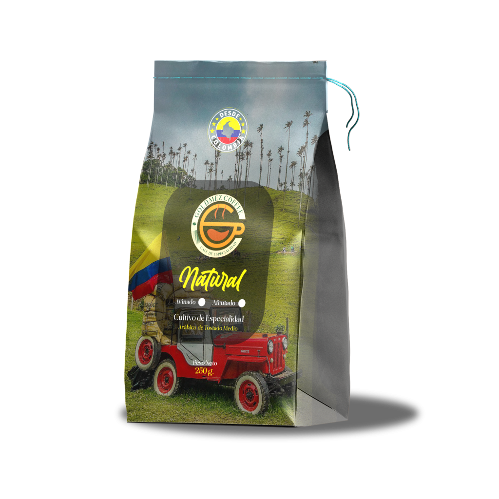 Empaque de café natural de 250 gramos de Goldmez, mostrando el diseño elegante y los detalles del producto.