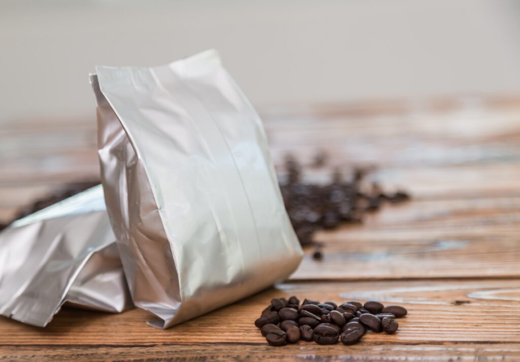 metallic coffee bag with coffee beans