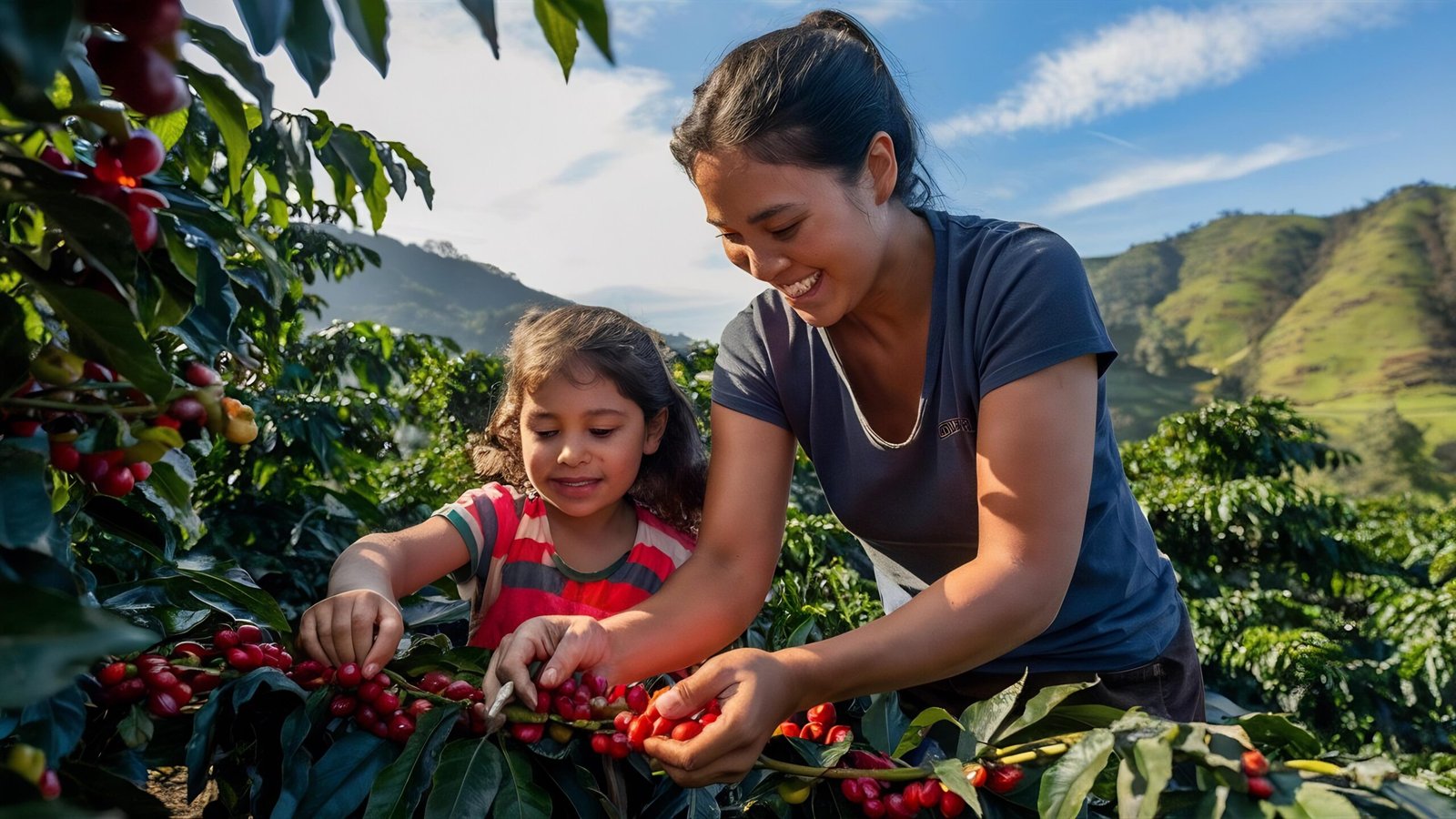 mother daughter picking up coffee beans colombia scaled